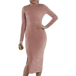 ASHRO Velour Stretchy Midi Blush Pink Dress Mock Neck Office Dinner Party Guest